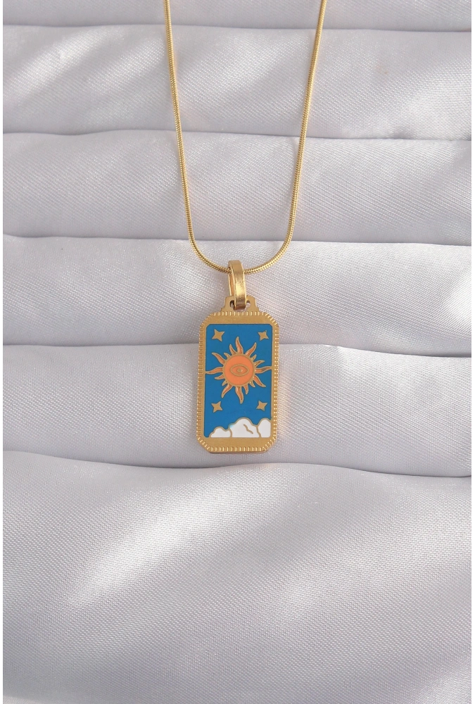 Shoecide 316l Çelik Gold Renk Mavi Mineli Güneş Model Tarot Kolye