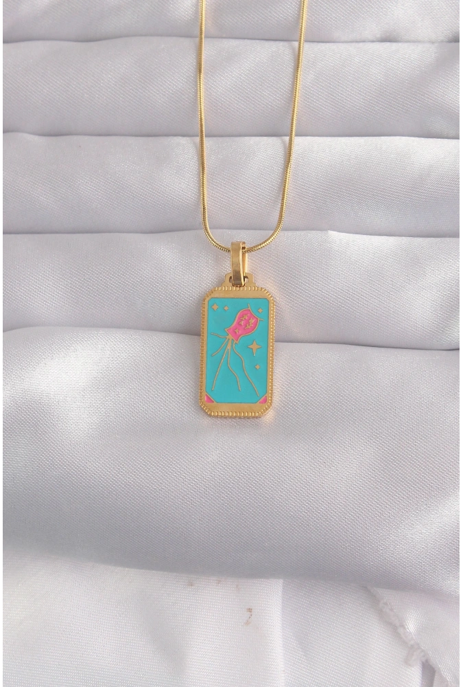 Shoecide 316l Çelik Gold Renk Mavi Mineli Tarot Kolye