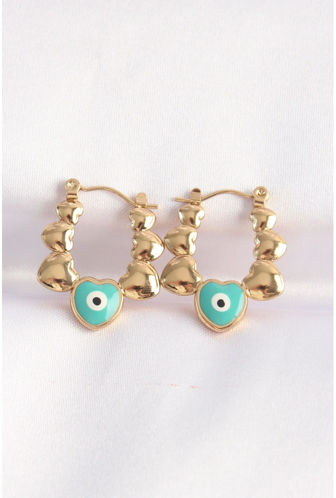 Shoecide 316l Çelik Gold Renk Mavi Nazarlı Kalpli Model Küpe