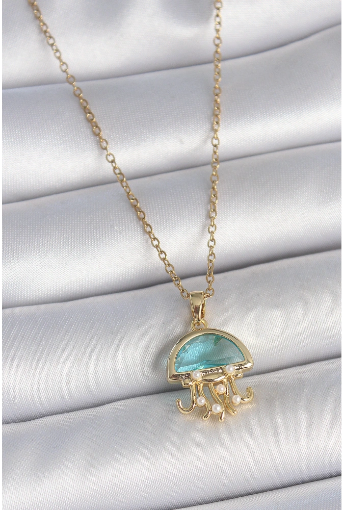 Shoecide 316l Çelik Gold Renk Mavi Taşlı Deniz Anası Model İnci Detay Kadın Kolye