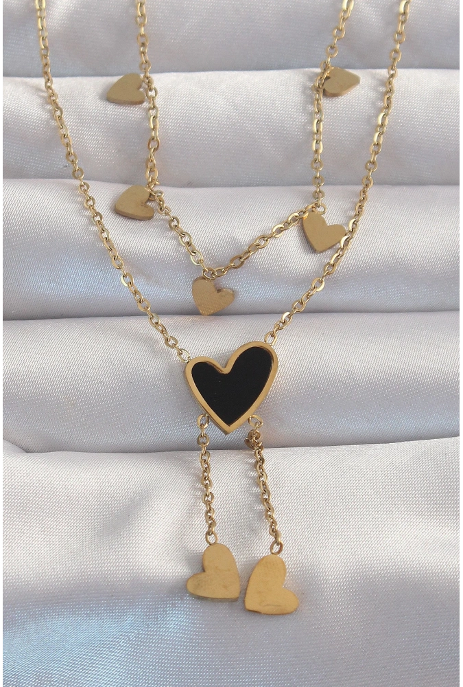 Shoecide 316l Çelik Gold Renk Mineli Çoklu Kalp Kolye