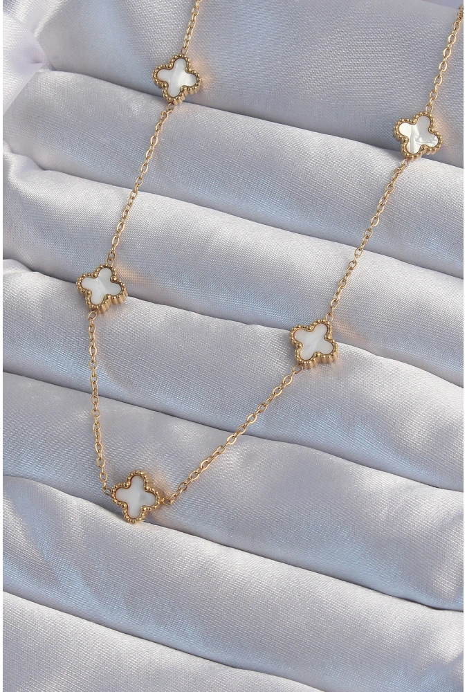 Shoecide 316l Çelik Gold Renk Minimal Beyaz Sedefli Yonca Kolye