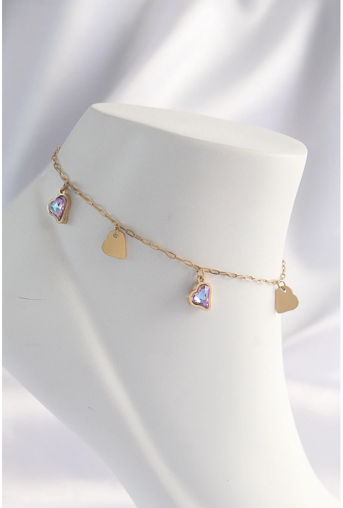 Shoecide 316l Çelik Gold Renk Minimal Renkli Zirkon Taşlı Kalp Halhal