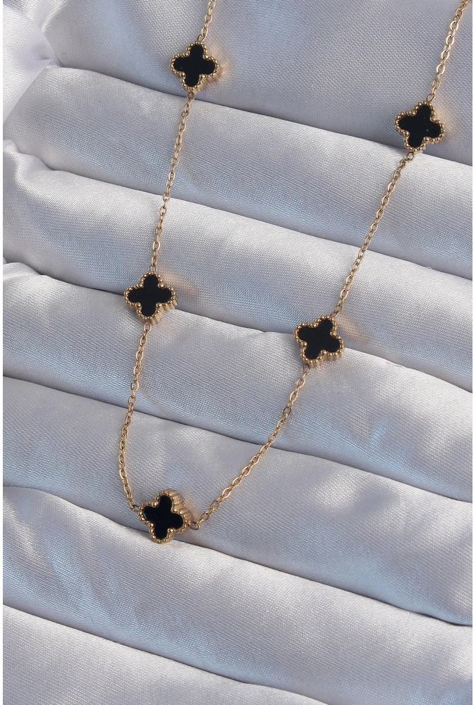 Shoecide 316l Çelik Gold Renk Minimal Siyah Mineli Yonca Kolye