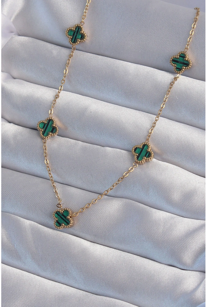 Shoecide 316l Çelik Gold Renk Minimal Yeşil Mineli Yonca Kolye