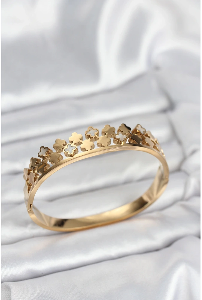 Shoecide 316l Çelik Gold Renk Minimal Yoncalı Kadın Kelepçe Bileklik