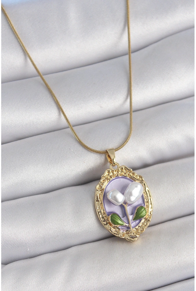 Shoecide 316l Çelik Gold Renk Mor İncili Çiçek İşlemeli Portre Model Kadın Kolye