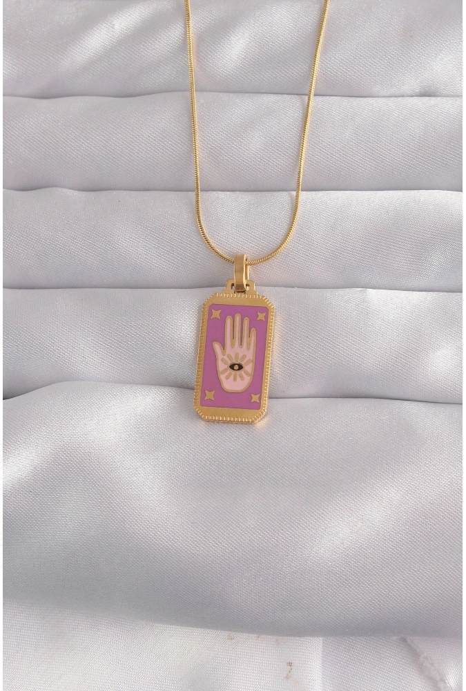 Shoecide 316l Çelik Gold Renk Mor Mineli El Figür Tarot Kolye
