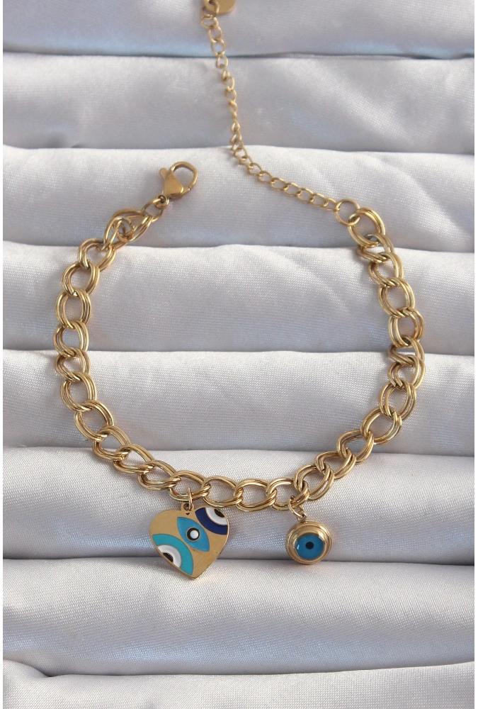 Shoecide 316l Çelik Gold Renk Nazarlı Kalp Model Zincir Bileklik