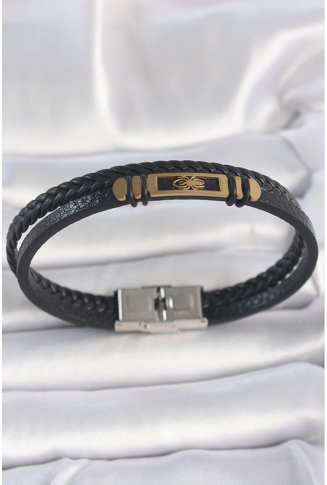 Shoecide 316l Çelik Gold Renk Örümcek Figür Çift Sıra Burgu Desenli Deri Kordon Erkek Bileklik