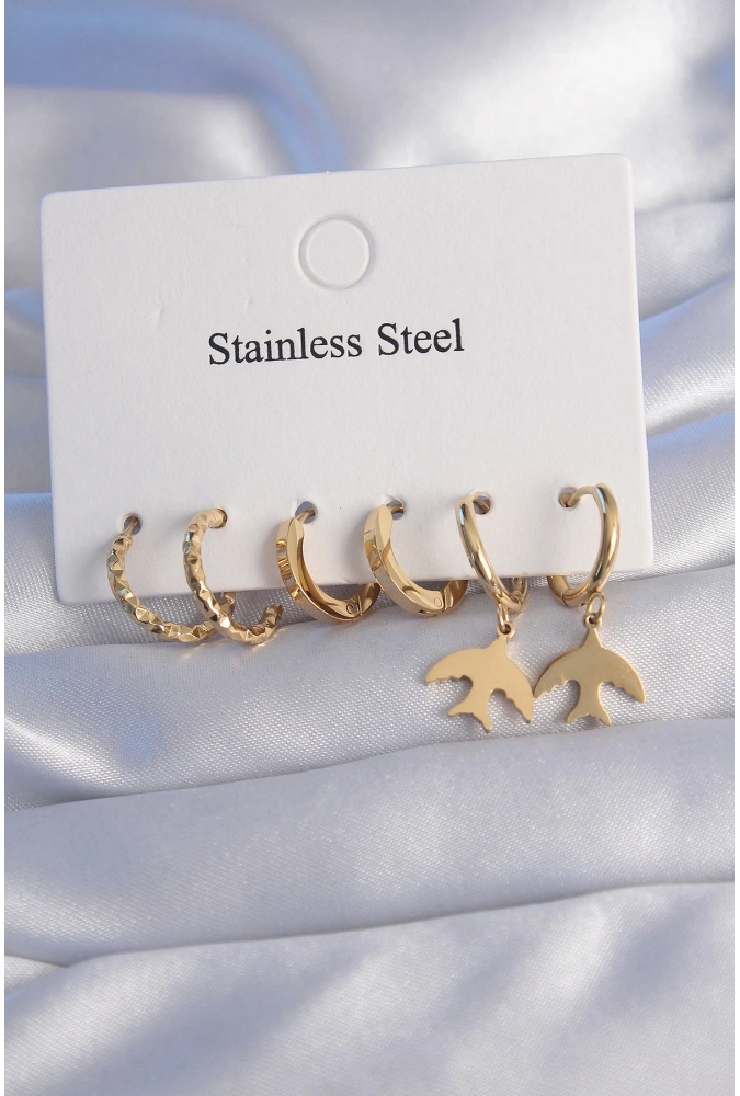 Shoecide 316l Çelik Gold Renk Oval Tasarım Kuş Model Küpe Seti