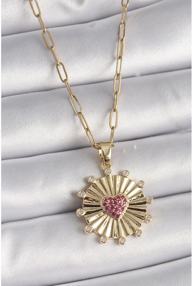 Shoecide 316l Çelik Gold Renk Pembe Zirkon Taşlı Kalp İşleme Madalyon Model Kadın Kolye