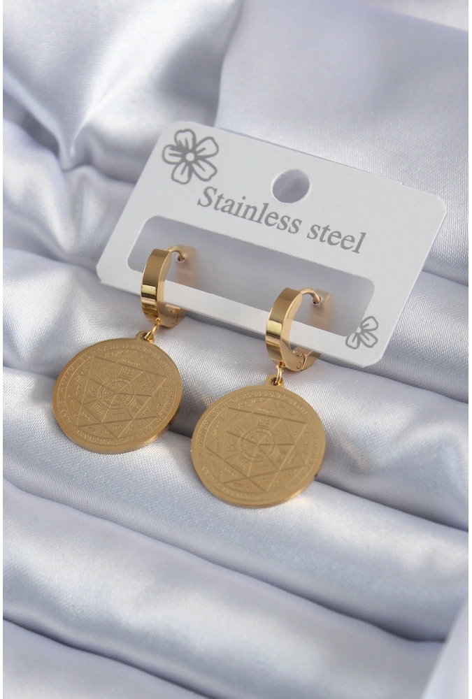 Shoecide 316l Çelik Gold Renk Pentagram İşleme Model Kadın Küpe