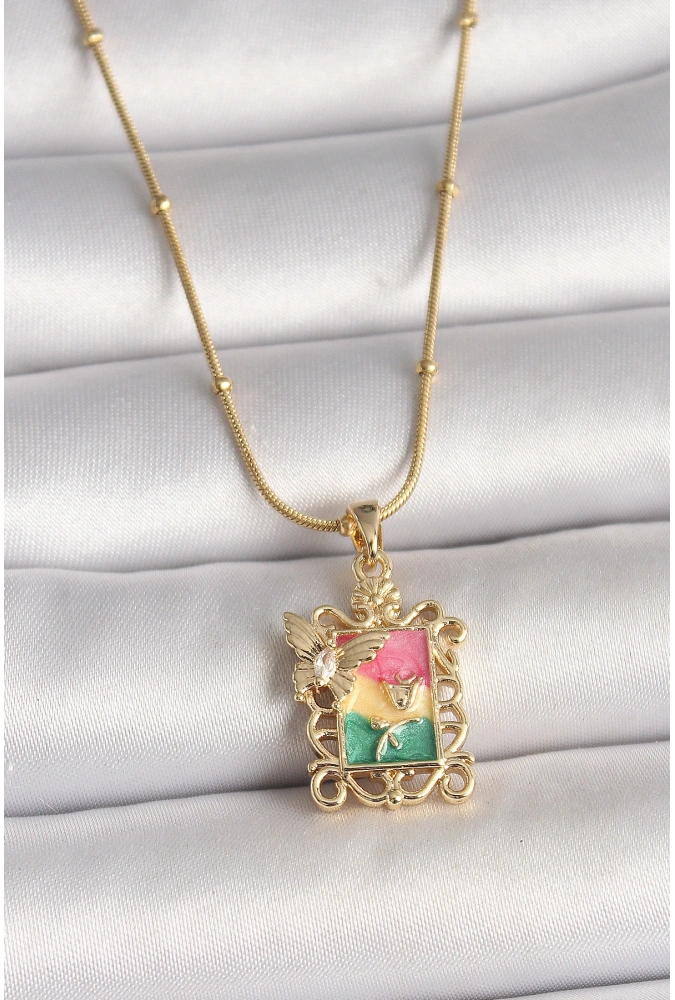 Shoecide 316l Çelik Gold Renk Renkli Zirkon Taşlı Kelebek İşlemeli Portre Model Kadın Kolye