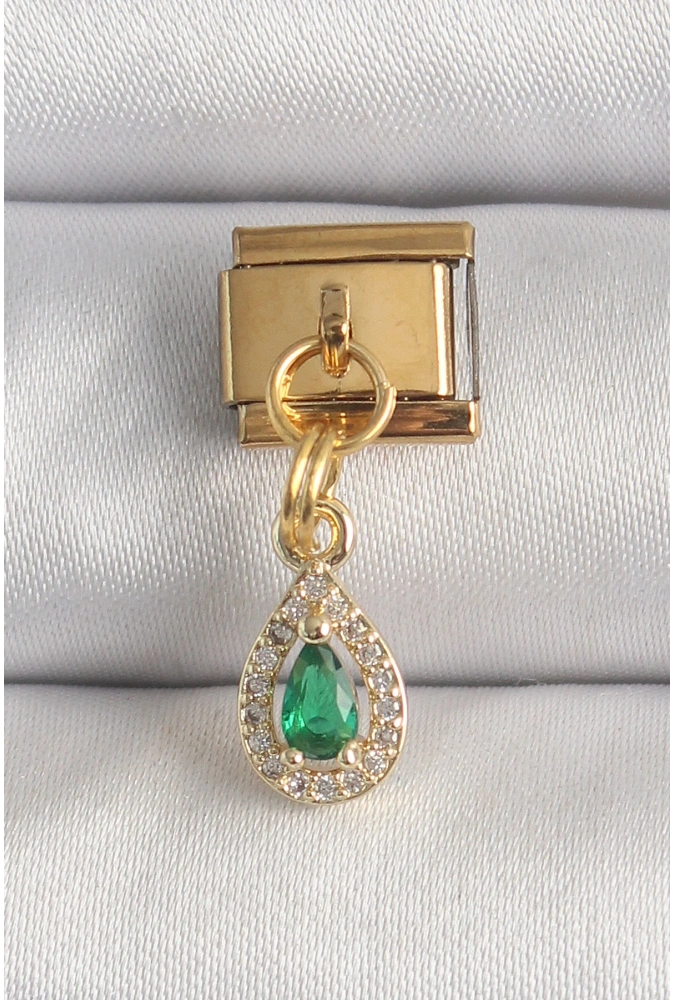 Shoecide 316l Çelik Gold Renk Sallantı Damla Yeşil Zirkon Taşlı Nomination Charm