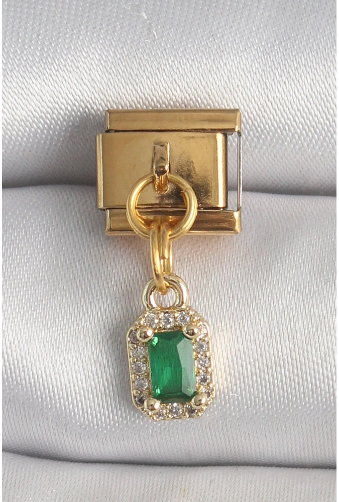 Shoecide 316l Çelik Gold Renk Sallantı Kare Yeşil Zirkon Taşlı Nomination Charm