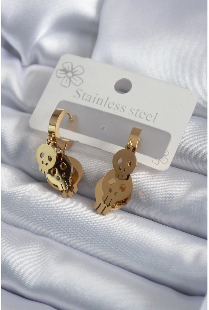 Shoecide 316l Çelik Gold Renk Sallantı Kuru Kafa Model Kadın Küpe