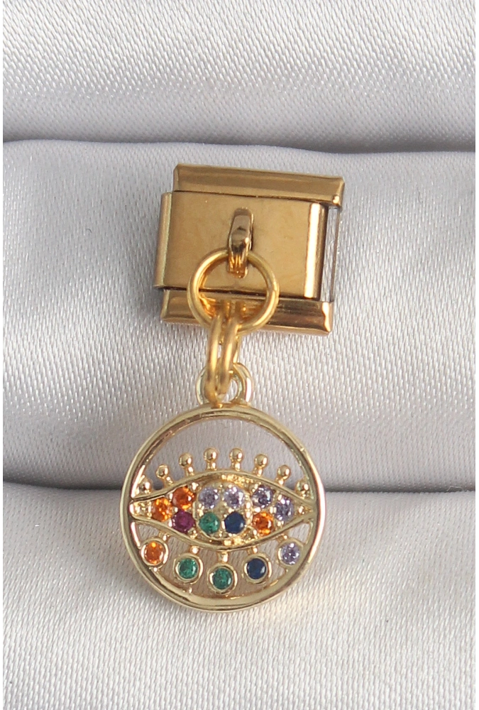 Shoecide 316l Çelik Gold Renk Sallantı Renkli Zirkon Taşlı Göz Model Nomination Charm