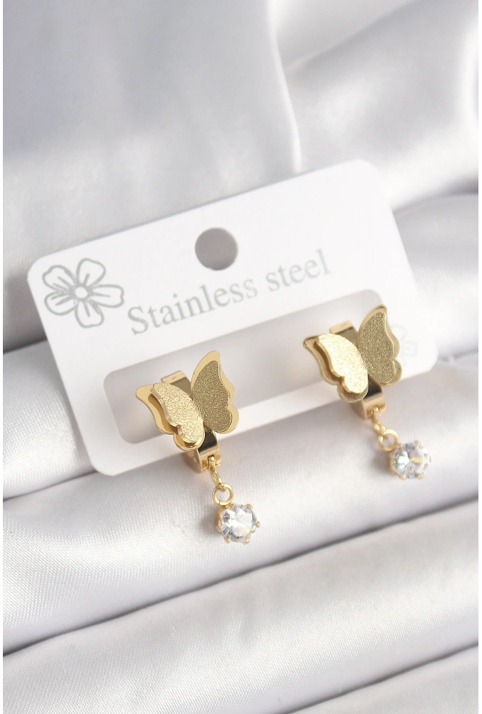 Shoecide 316l Çelik Gold Renk Sallantı Zirkon Taş Detaylı Simli Kelebek Model Kadın Küpe