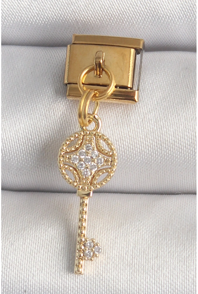 Shoecide 316l Çelik Gold Renk Sallantı Zirkon Taşlı Anahtar Model Nomination Charm