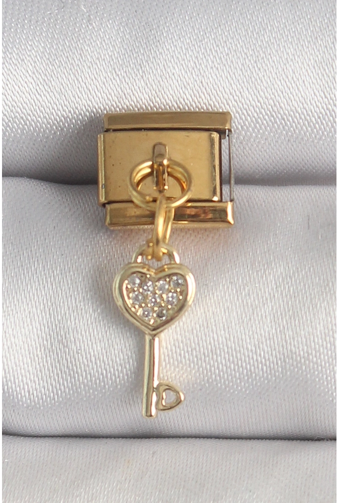 Shoecide 316l Çelik Gold Renk Sallantı Zirkon Taşlı Kalpli Anahtar Model Nomination Charm
