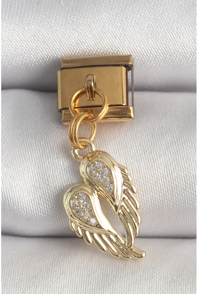 Shoecide 316l Çelik Gold Renk Sallantı Zirkon Taşlı Kanat Model Nomination Charm