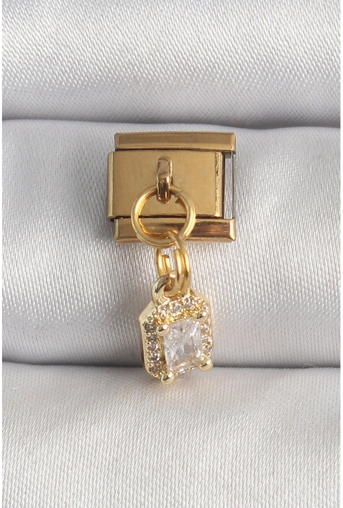 Shoecide 316l Çelik Gold Renk Sallantı Zirkon Taşlı Kare Model Nomination Charm