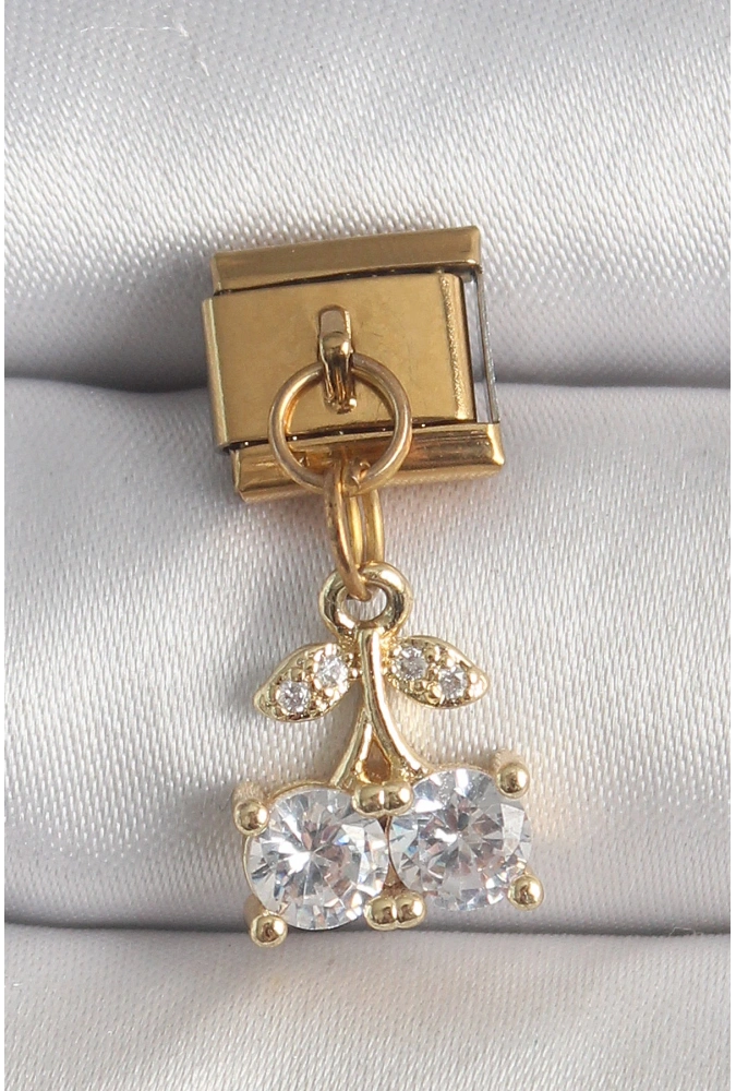 Shoecide 316l Çelik Gold Renk Sallantı Zirkon Taşlı Kiraz Model Nomination Charm