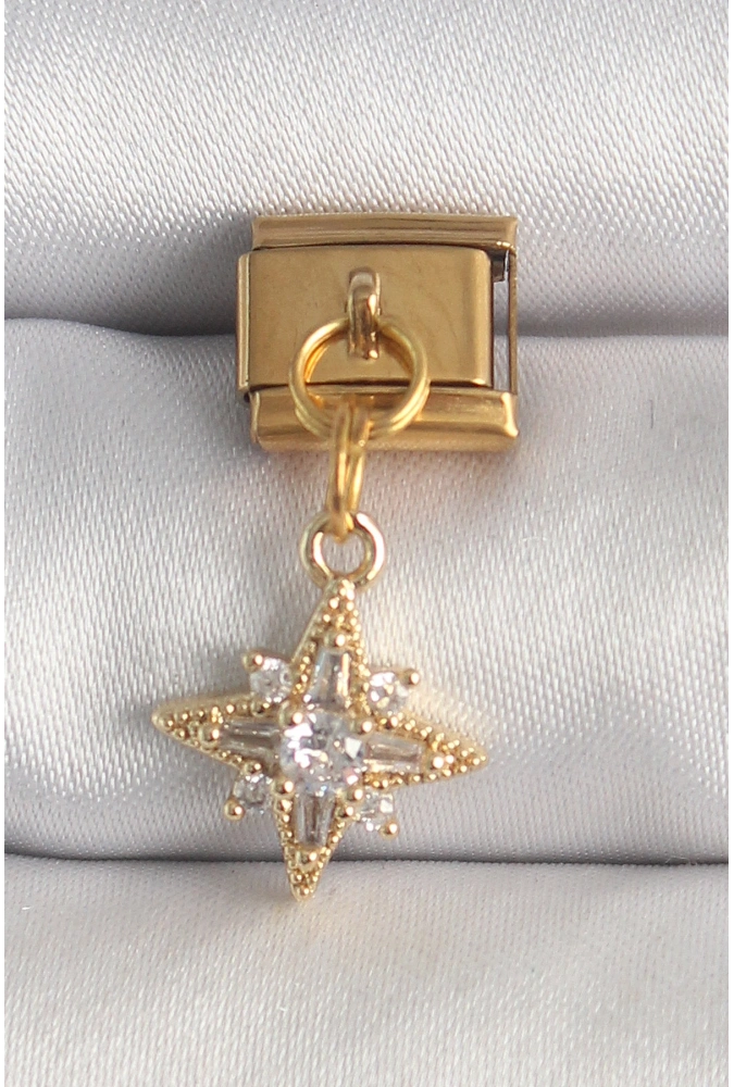 Shoecide 316l Çelik Gold Renk Sallantı Zirkon Taşlı Kutup Yıldız Model Nomination Charm