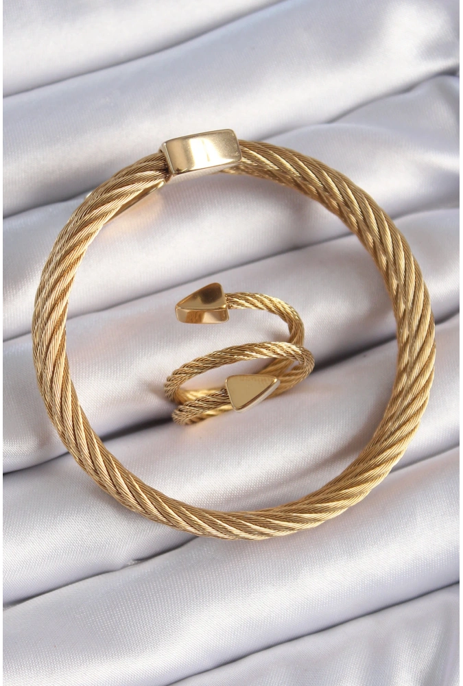 Shoecide 316l Çelik Gold Renk Sarmal Model Erkek Bileklik Yüzük Kombini