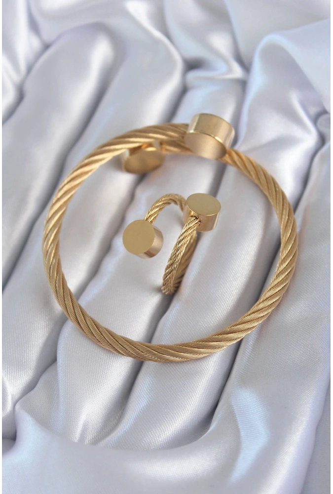 Shoecide 316l Çelik Gold Renk Sarmal Model Erkek Bileklik Yüzük Kombini