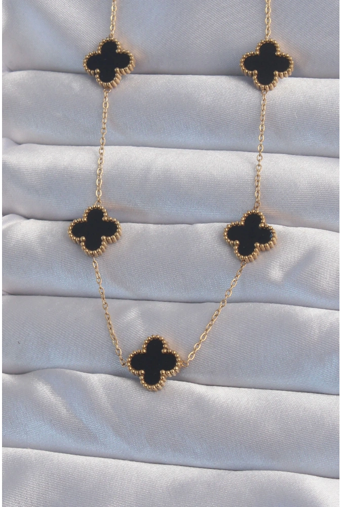 Shoecide 316l Çelik Gold Renk Siyah Mineli Yonca Kolye