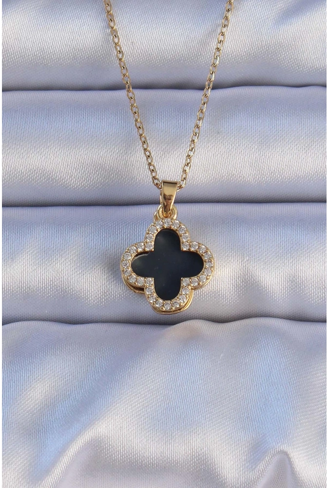 Shoecide 316l Çelik Gold Renk Siyah Mineli Zirkon Taşlı Yonca Figürlü Kolye