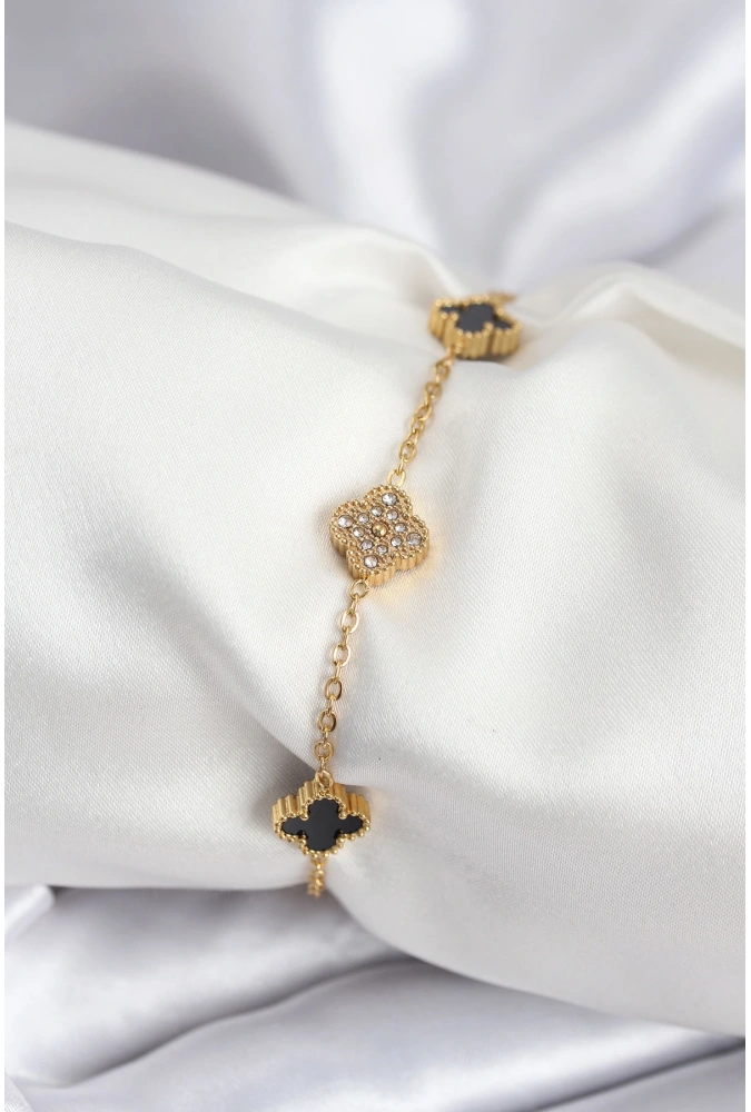 Shoecide 316l Çelik Gold Renk Siyah Ve Zirkon Taşlı Baby Boy Yonca Kadın Bileklik