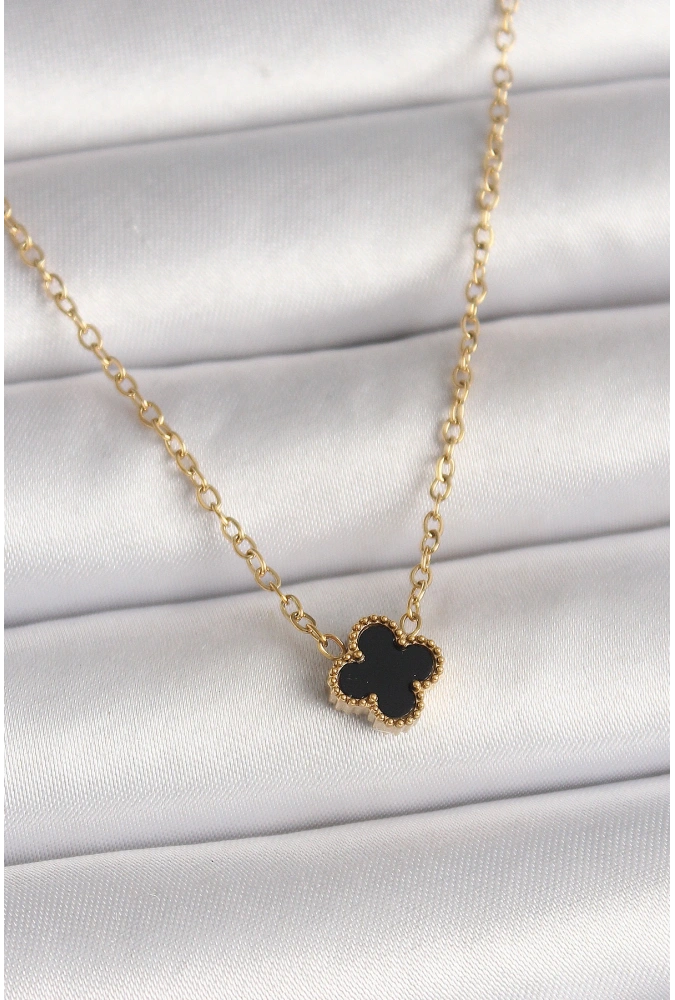 Shoecide 316l Çelik Gold Renk Siyah Yonca Model Kadın Kolye