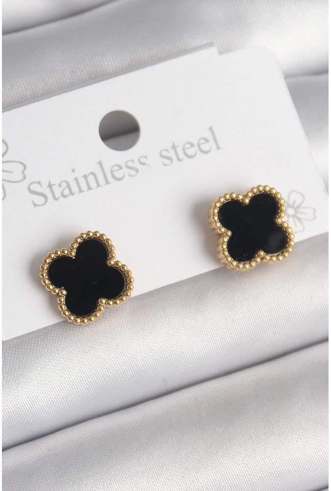 Shoecide 316l Çelik Gold Renk Siyah Yonca Model Kadın Küpe