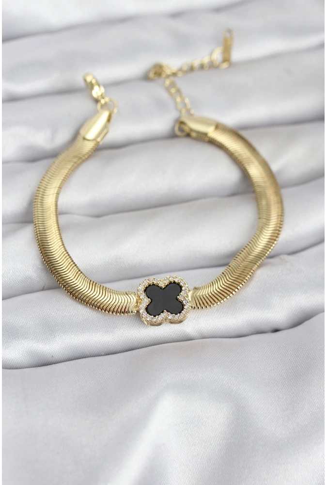 Shoecide 316l Çelik Gold Renk Siyah Yonca Model Zirkon Taşlı Yılan Zincirli Kadın Bileklik