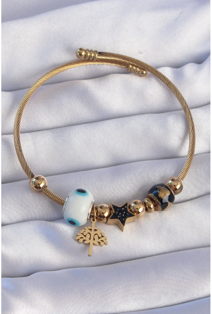 Shoecide 316l Çelik Gold Renk Siyah Zirkon Taşlı Yıldız Tasarımlı Ağaç Detay Nazarlı Charm Bileklik