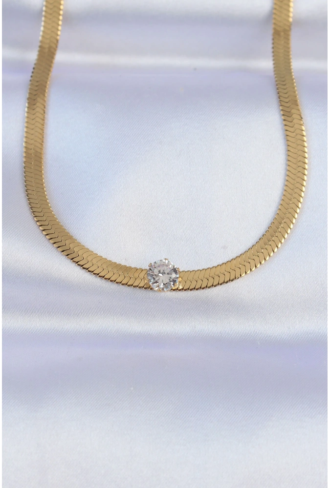 Shoecide 316l Çelik Gold Renk Tek Zirkon Taşlı İtalyan Zincir Kolye