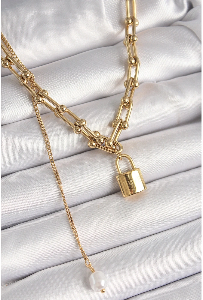 Shoecide 316l Çelik Gold Renk Tifany Zincir Model Kilit Figür Sallantı İnci Detay Kadın Kolye