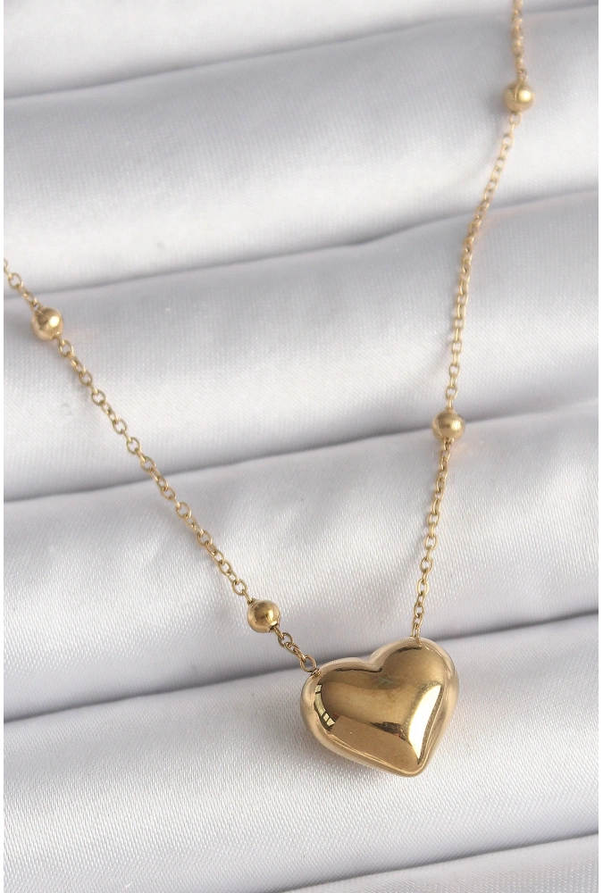 Shoecide 316l Çelik Gold Renk Topçuk Detaylı Zincir Kalp Model Kadın Kolye
