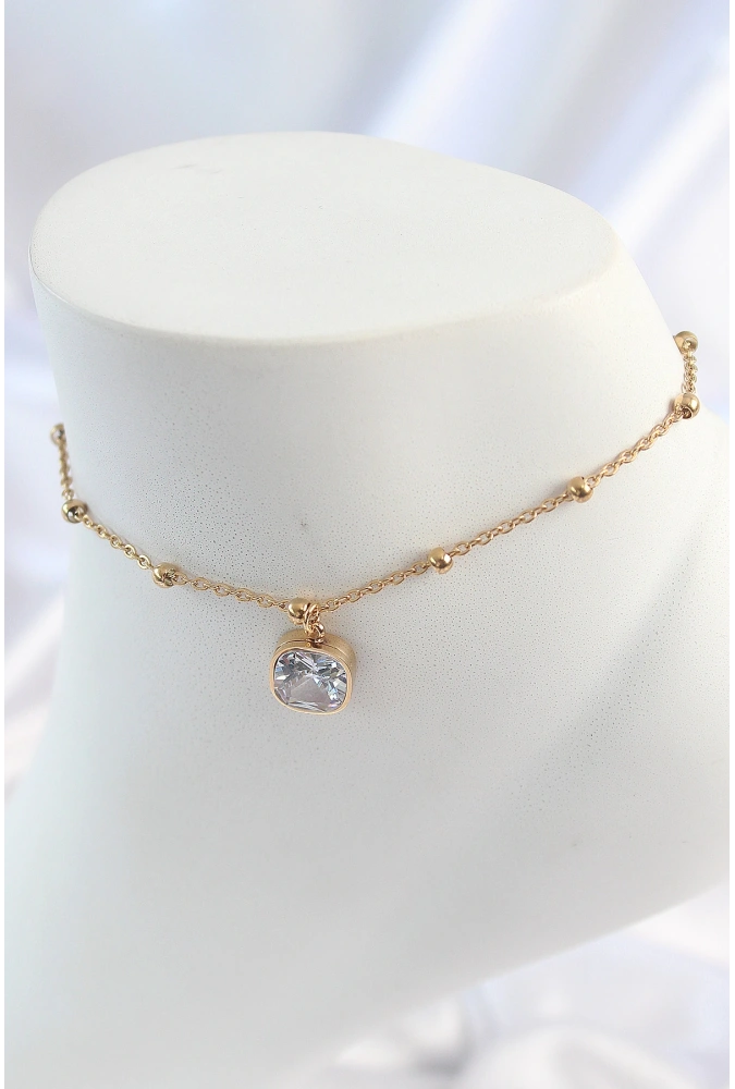 Shoecide 316l Çelik Gold Renk Topçuk Zincir Model Sallantı Kare Zirkon Taş Model Kadın Halhal