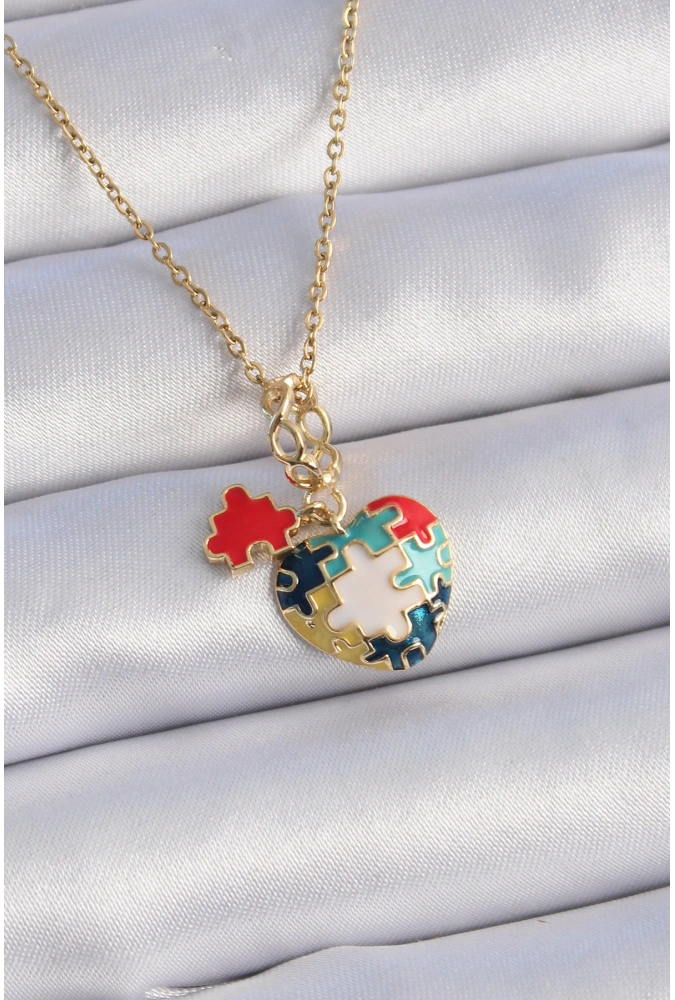 Shoecide 316l Çelik Gold Renk Yapboz Motif Kalp Figür Charm Model Kadın Kolye