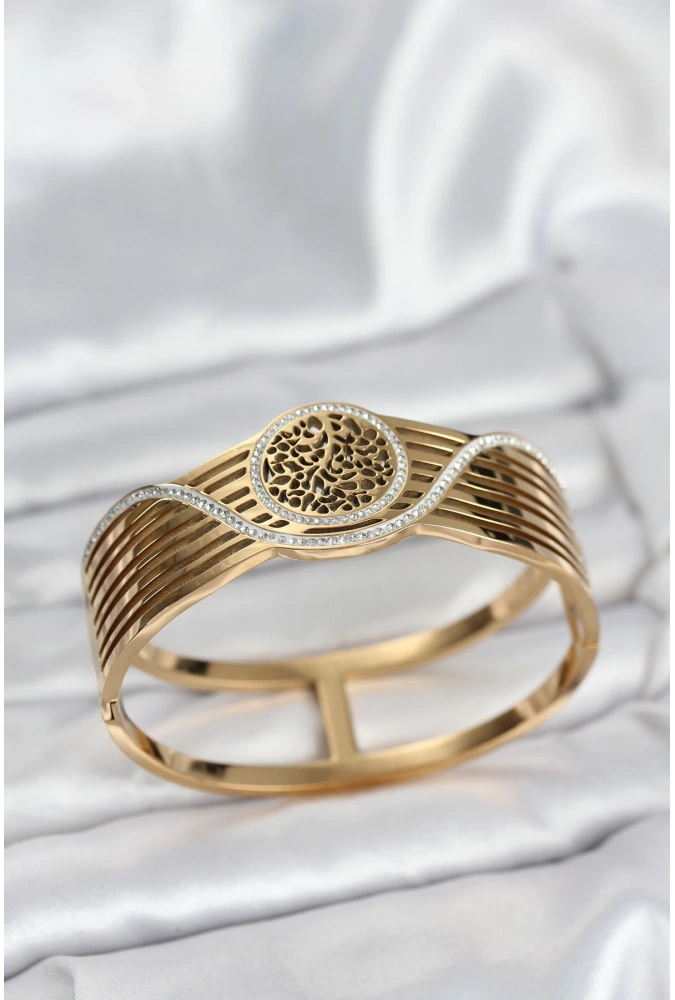 Shoecide 316l Çelik Gold Renk Yaşam Ağacı Modelli Kadın Kelepçe Bileklik