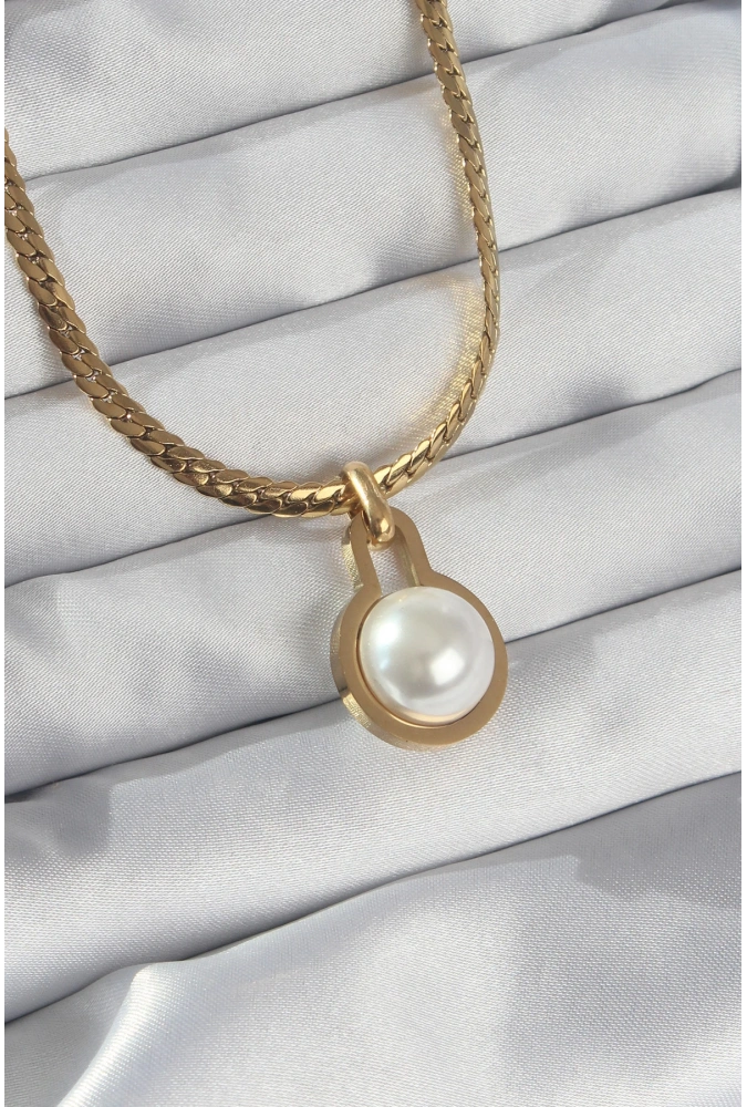 Shoecide 316l Çelik Gold Renk Yassı Zincir İnci Taşlı Kolye