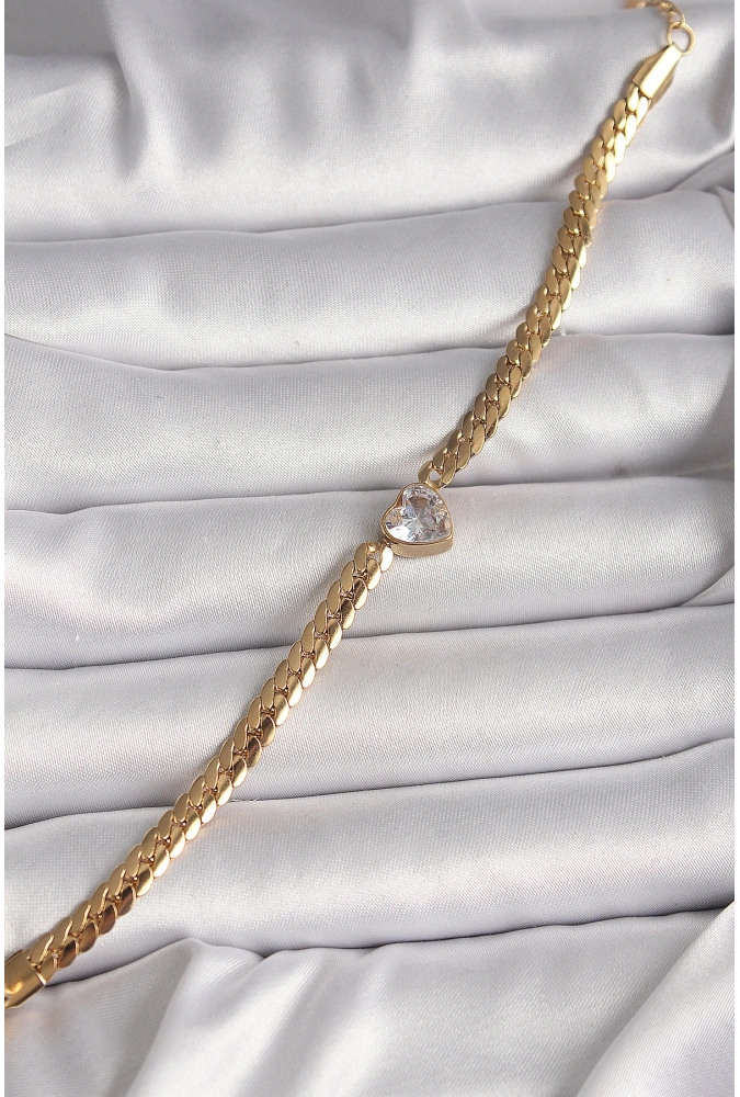Shoecide 316l Çelik Gold Renk Yassı Zincir Model Zirkon Taşlı Kalp Figür Kadın Bileklik