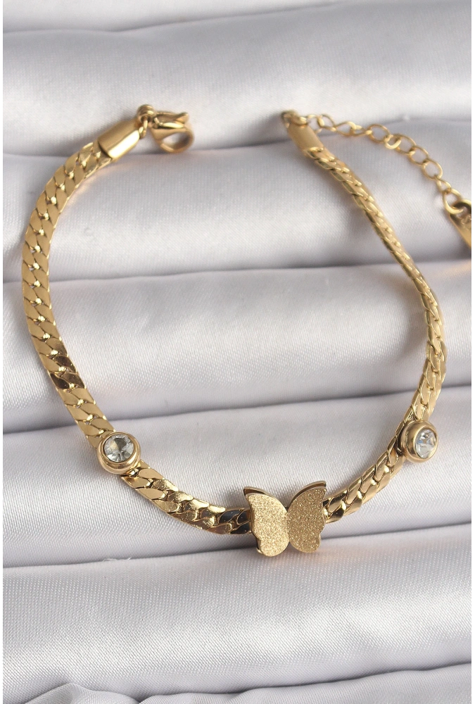 Shoecide 316l Çelik Gold Renk Yassı Zincir Zirkon Taşlı Simli Kelebek Figür Kadın Bileklik