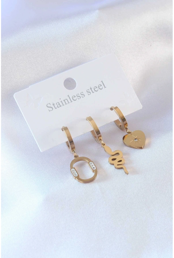 Shoecide 316l Çelik Gold Renk Yılan Model Kalp Detay Zirkon Taşlı Kadın Küpe