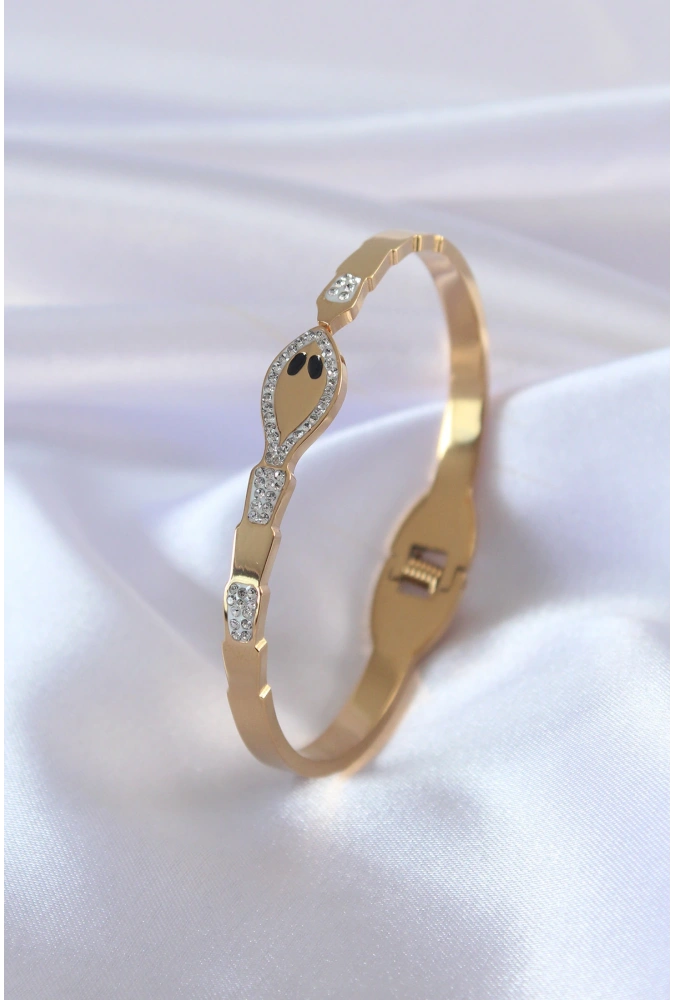 Shoecide 316l Çelik Gold Renk Yılan Model Zirkon Taş Detay Kadın Kelepçe