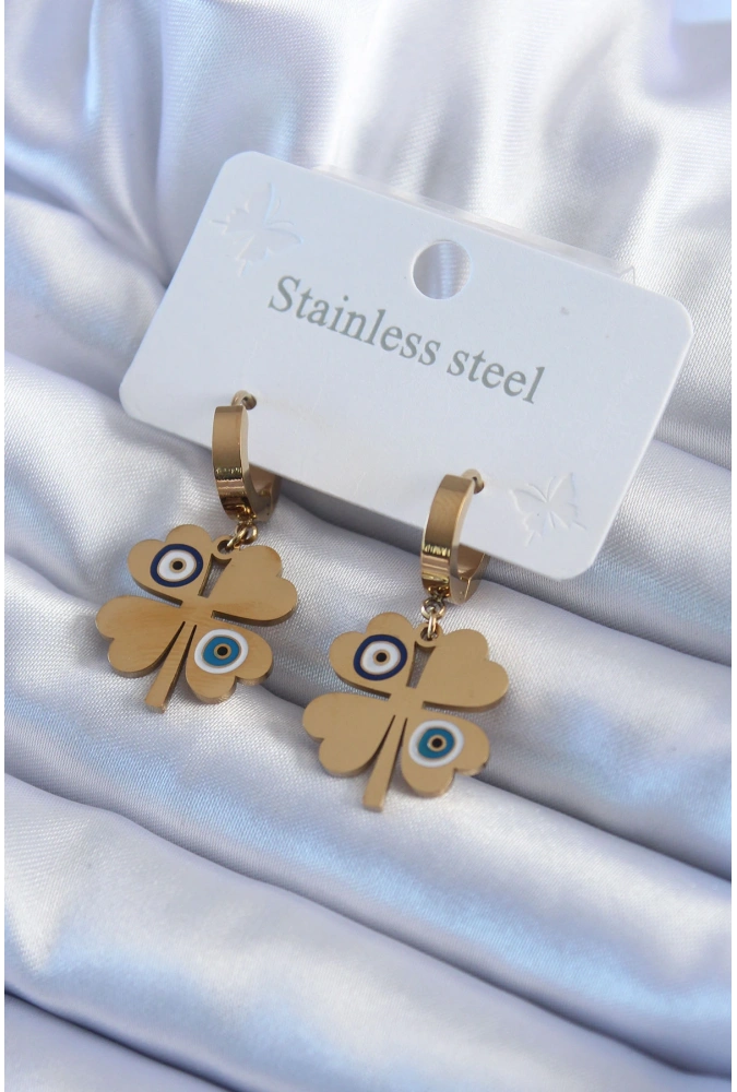 Shoecide 316l Çelik Gold Renk Yonca Model Nazar Boncuk Detay Kadın Küpe